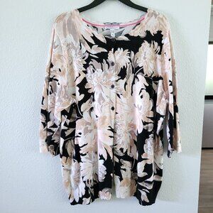 Isaac Mizrahi Live! Tan Black Floral Print Button Down Cardigan Sz 2X